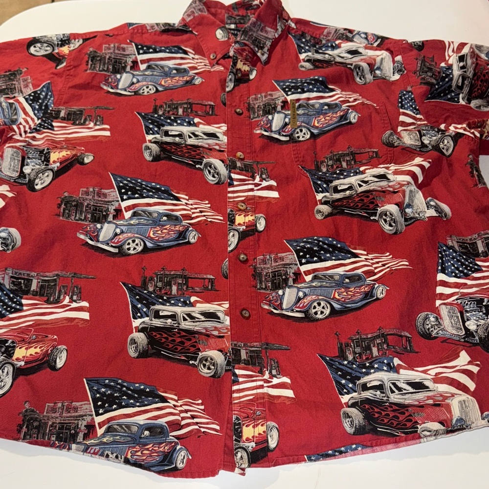 Men's Red Vintage North River‎ Hot Rod Car Print Button Down Shirt